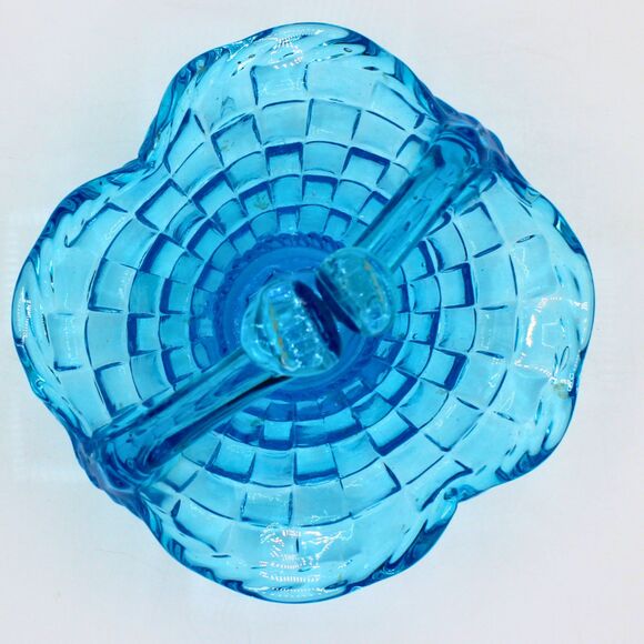 Vintage Blue Glass Weave Basket Pressed with Ruffled Scalloped Edge Split Handle - Picture 6 of 6
